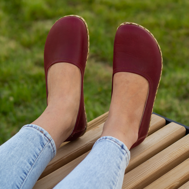 El Yapımı Barefoot Yalınayak Kadın Deri Babet Model, Bordo - Görsel 4