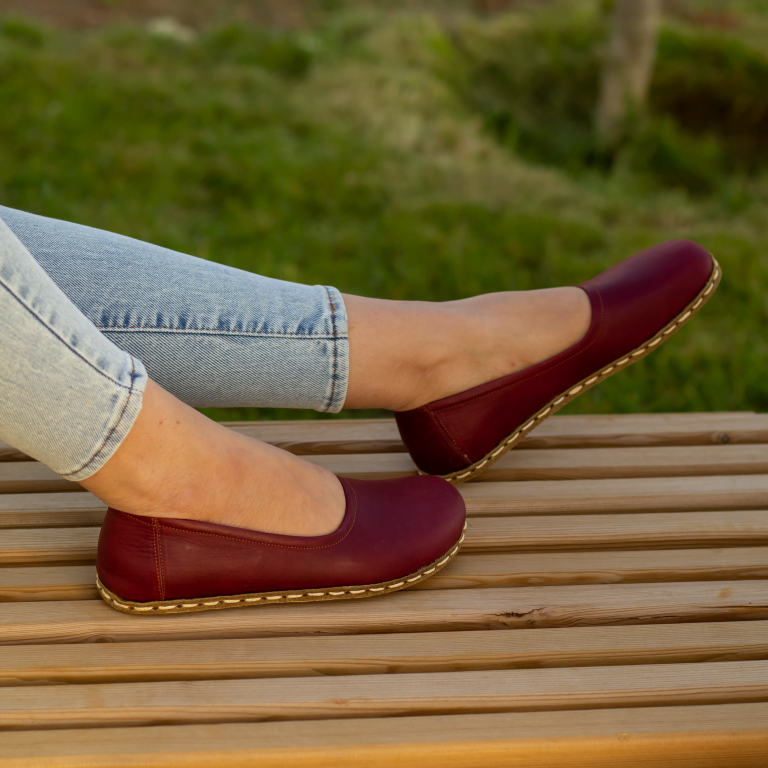 El Yapımı Barefoot Yalınayak Kadın Deri Babet Model, Bordo - Görsel 5