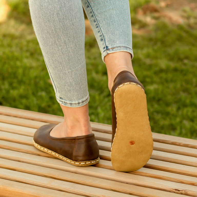 El Yapımı Barefoot Yalınayak Kadın Deri Babet Model, Klasik Kahverengi - Görsel 5