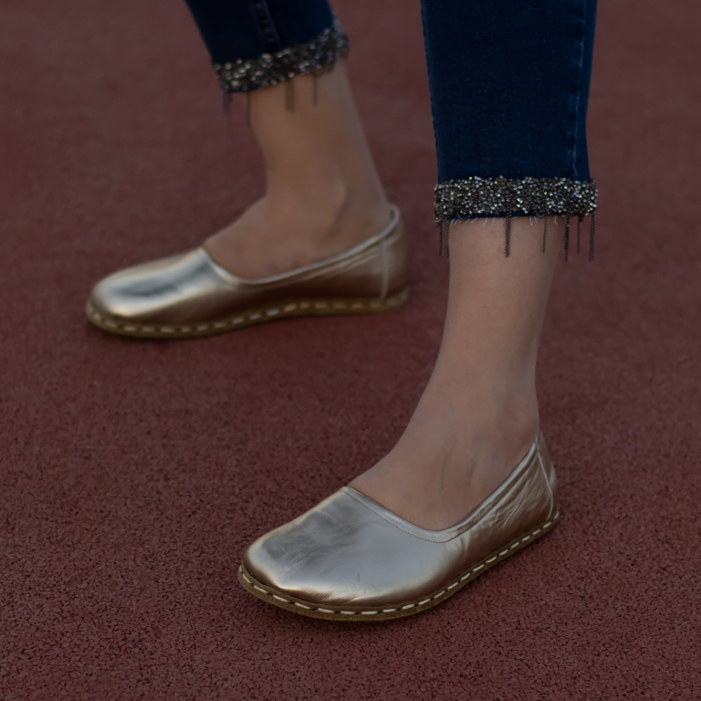 El Yapımı Barefoot Yalınayak Kadın Deri Babet Model, Gold - Görsel 3