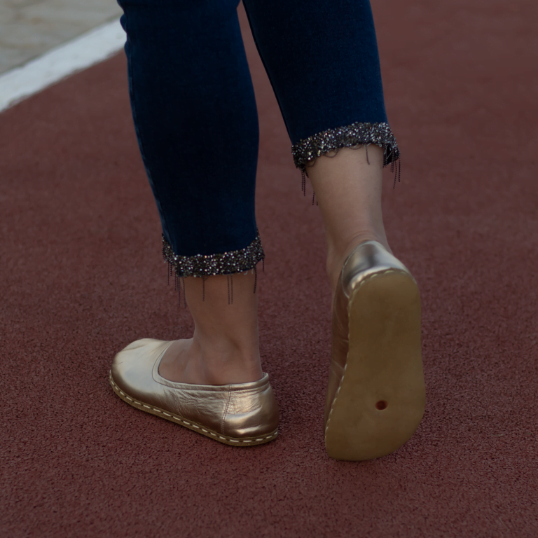 El Yapımı Barefoot Yalınayak Kadın Deri Babet Model, Gold - Görsel 2