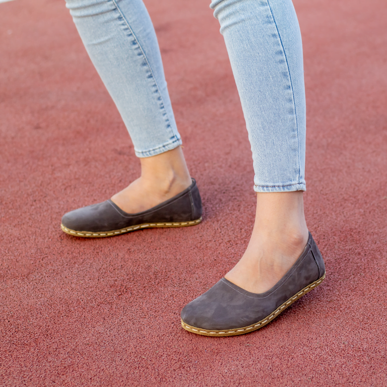 El Yapımı Barefoot Yalınayak Kadın Deri Babet Model, Gri Nubuk - Görsel 5