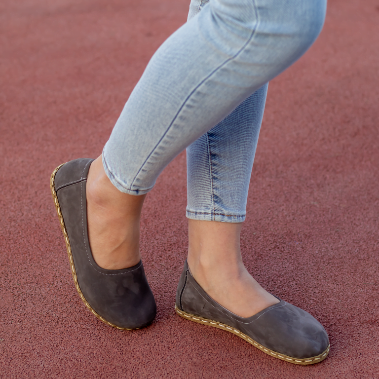 El Yapımı Barefoot Yalınayak Kadın Deri Babet Model, Gri Nubuk - Görsel 4