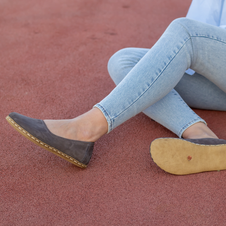El Yapımı Barefoot Yalınayak Kadın Deri Babet Model, Gri Nubuk - Görsel 6