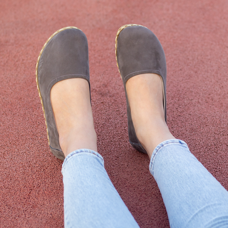 El Yapımı Barefoot Yalınayak Kadın Deri Babet Model, Gri Nubuk - Görsel 7