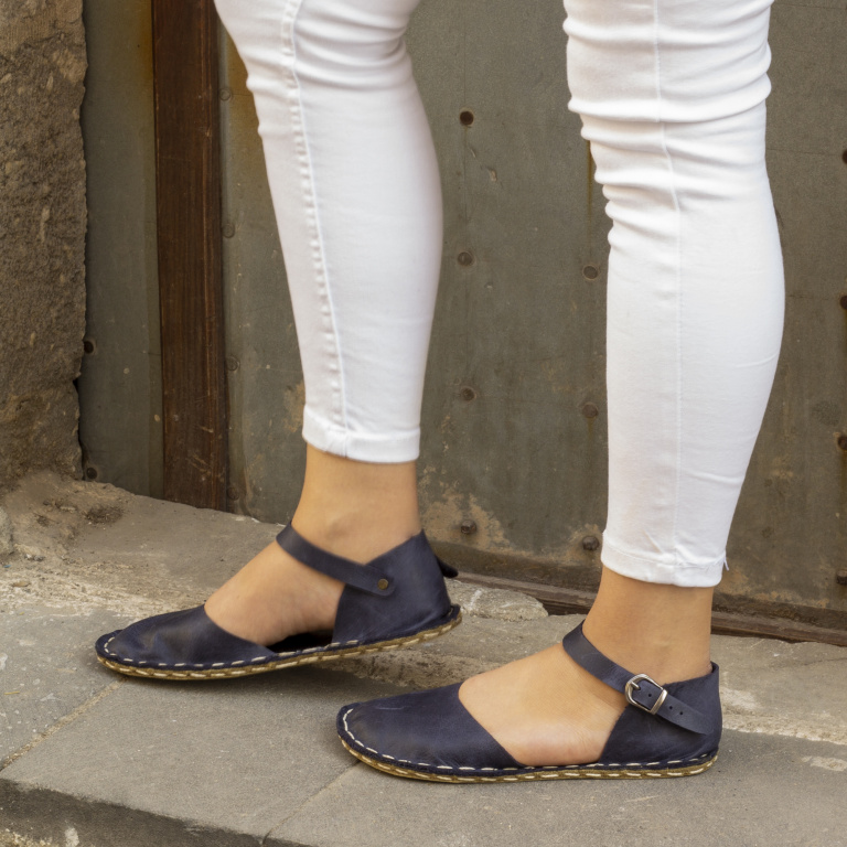 El Yapımı Barefoot Yalınayak Kadın Deri Sandalet Model, Lacivert - Görsel 6
