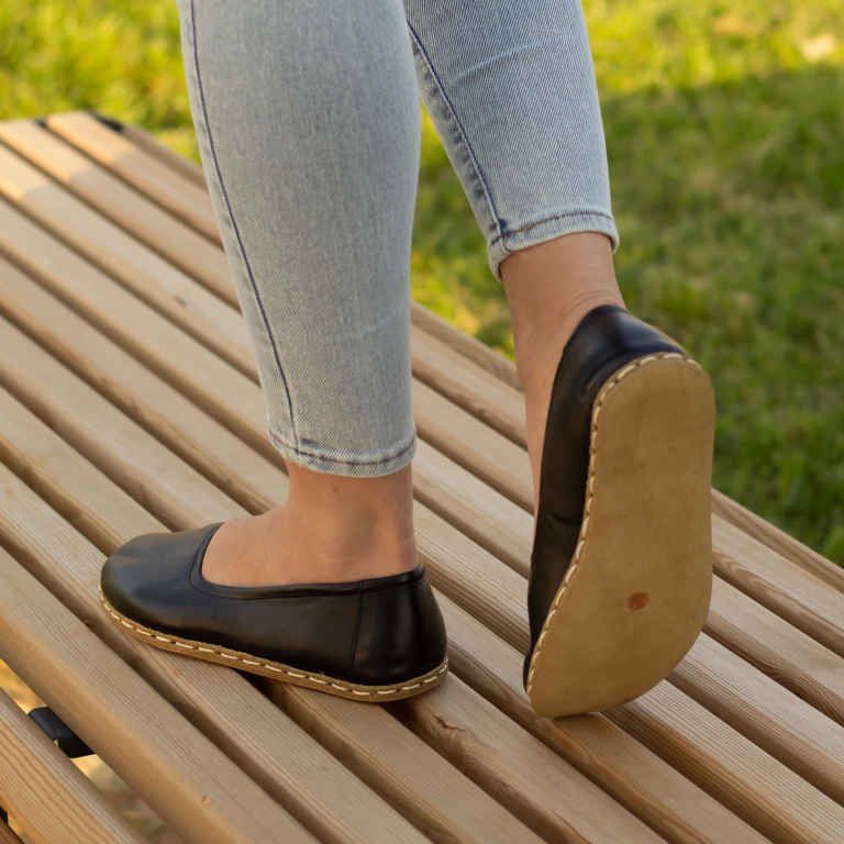 El Yapımı Barefoot Yalınayak Kadın Deri Babet Model, Siyah - Görsel 6
