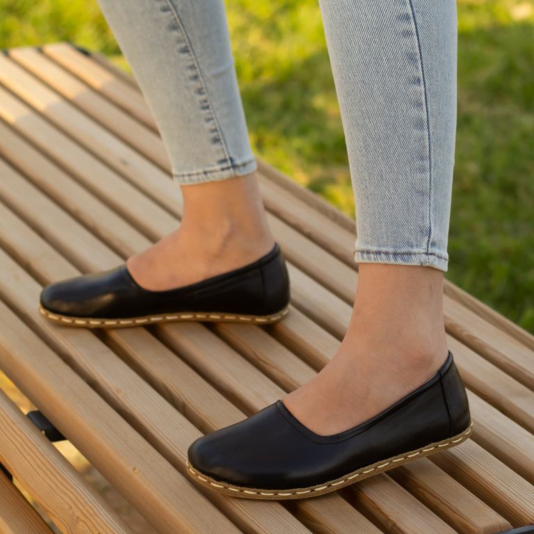 El Yapımı Barefoot Yalınayak Kadın Deri Babet Model, Siyah - Görsel 2