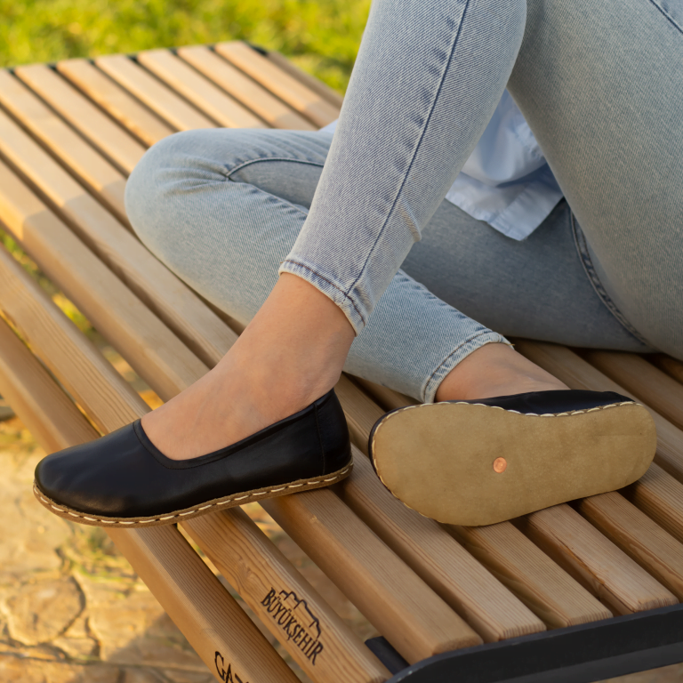 El Yapımı Barefoot Yalınayak Kadın Deri Babet Model, Siyah - Görsel 4