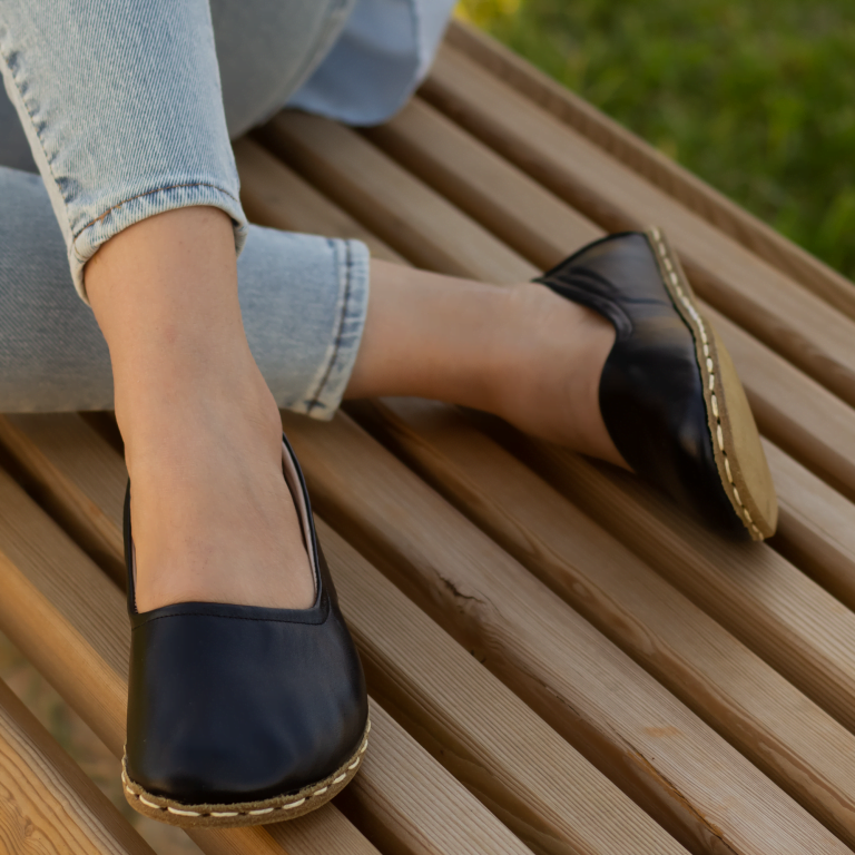 El Yapımı Barefoot Yalınayak Kadın Deri Babet Model, Siyah - Görsel 5