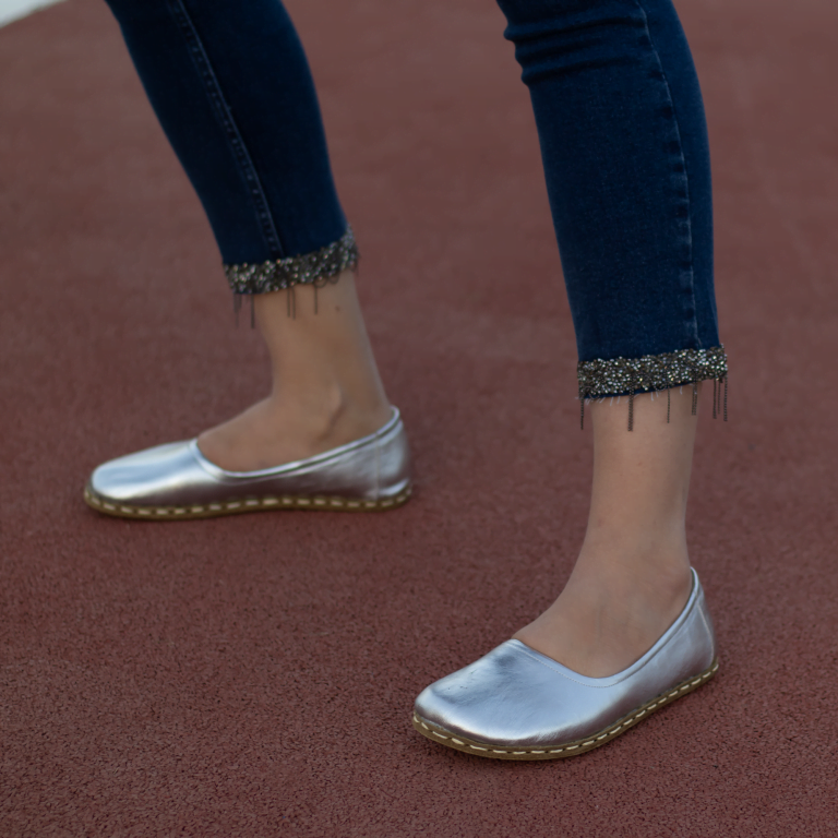 El Yapımı Barefoot Yalınayak Kadın Deri Babet Model, Sılver - Görsel 4