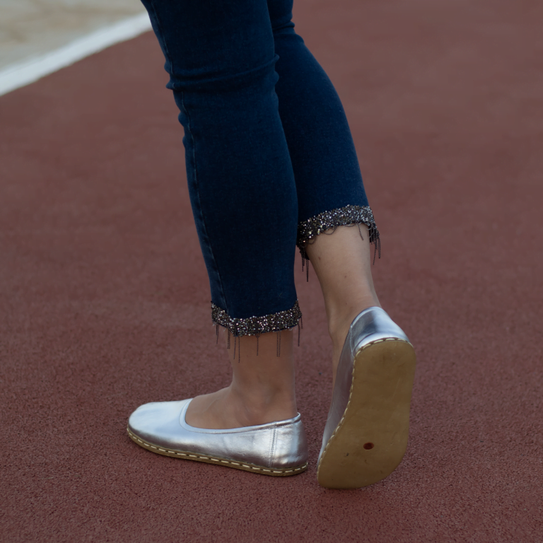 El Yapımı Barefoot Yalınayak Kadın Deri Babet Model, Sılver - Görsel 5