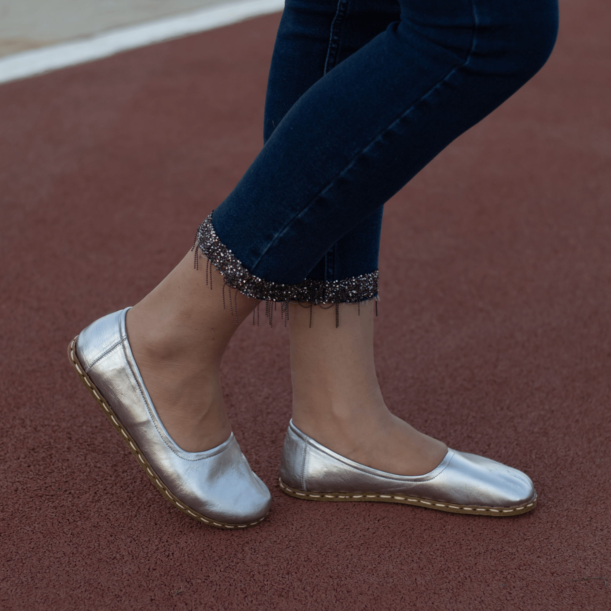silver3 El Yapımı Barefoot Yalınayak Kadın Deri Babet Model, Sılver - Görsel 1