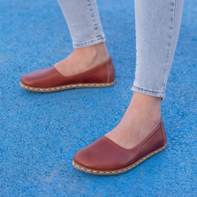El Yapımı Barefoot Yalınayak Kadın Deri Babet Model, Parlak Kahve
