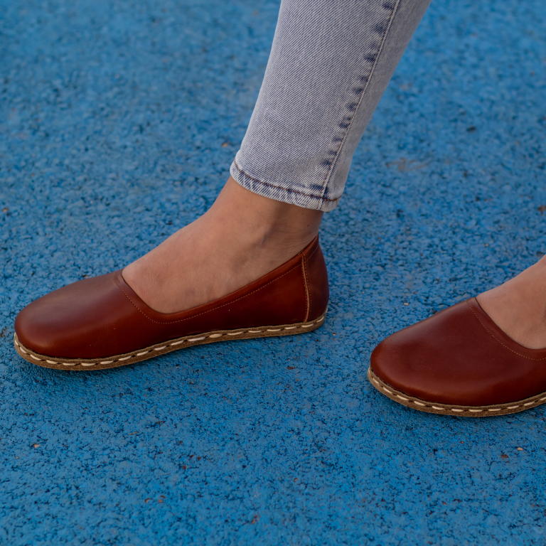 El Yapımı Barefoot Yalınayak Kadın Deri Babet Model, Parlak Kahve - Görsel 2