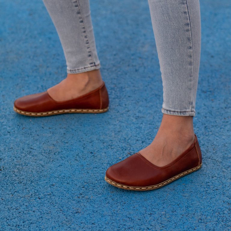 El Yapımı Barefoot Yalınayak Kadın Deri Babet Model, Parlak Kahve - Görsel 3