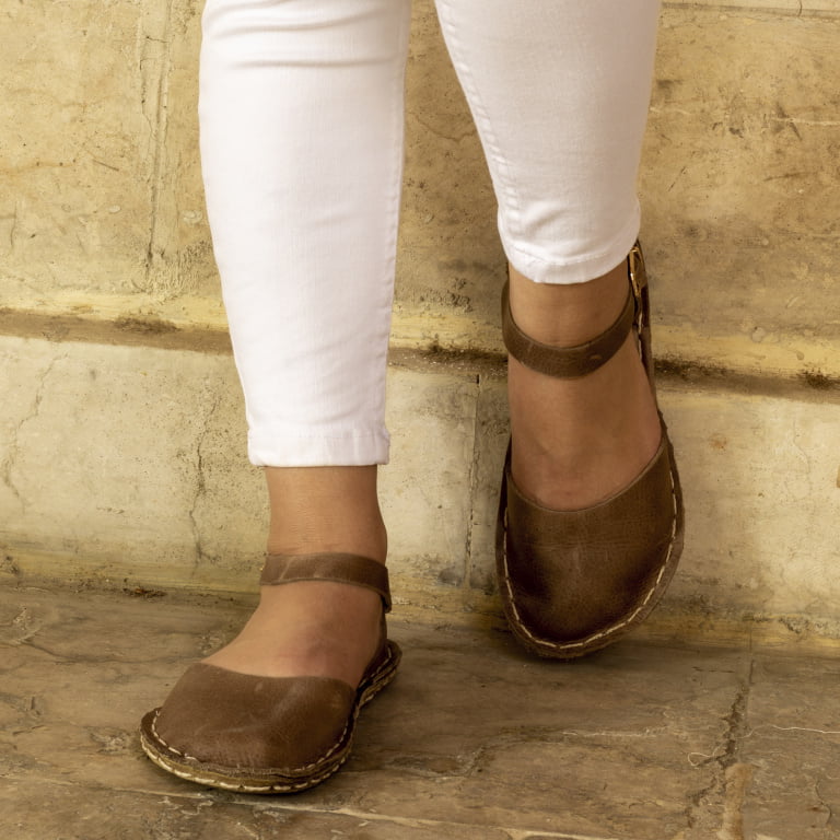 El Yapımı Barefoot Yalınayak Kadın Deri Sandalet Model, Bej - Görsel 5