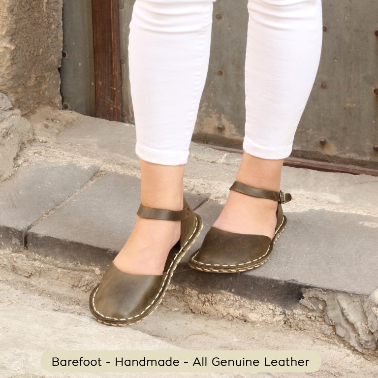 El Yapımı Barefoot Yalınayak Kadın Deri Sandalet Model, Zeytin Yeşili - Görsel 8
