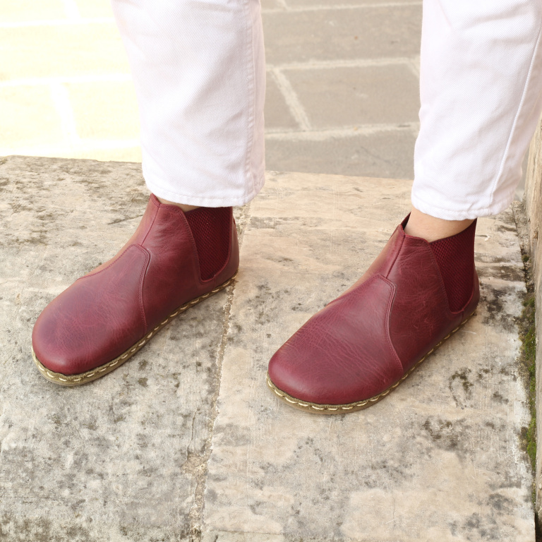 El Yapımı Barefoot Yalınayak Kadın Deri Chelsea Bot, Bordo - Görsel 2
