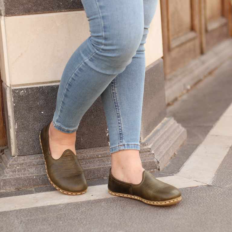 El Yapımı Barefoot Yalınayak Kadın Deri Klasik Model, Zeytin Yeşili - Görsel 2