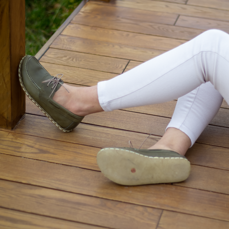 El Yapımı Barefoot Yalınayak Kadın Deri Mellow Model, Zeytin Yeşili - Görsel 3