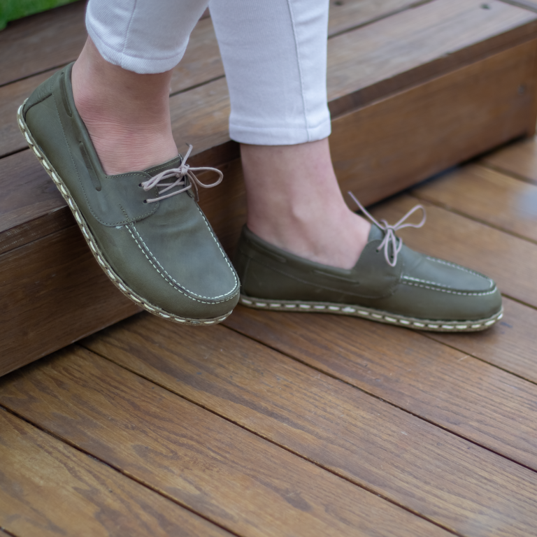 El Yapımı Barefoot Yalınayak Kadın Deri Mellow Model, Zeytin Yeşili - Görsel 2