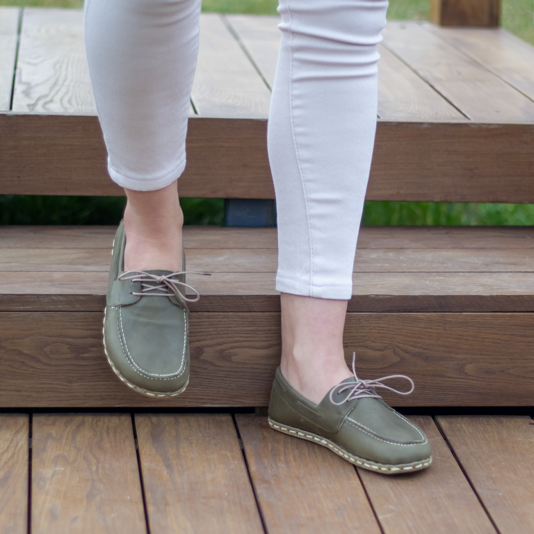 El Yapımı Barefoot Yalınayak Kadın Deri Mellow Model, Zeytin Yeşili - Görsel 4