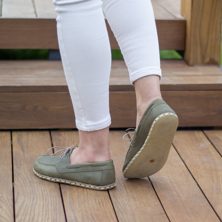 El Yapımı Barefoot Yalınayak Kadın Deri Mellow Model, Zeytin Yeşili - Görsel 6