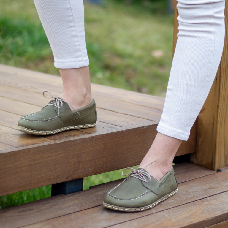 El Yapımı Barefoot Yalınayak Kadın Deri Mellow Model, Zeytin Yeşili - Görsel 5