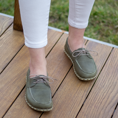 El Yapımı Barefoot Yalınayak Kadın Deri Mellow Model, Zeytin Yeşili