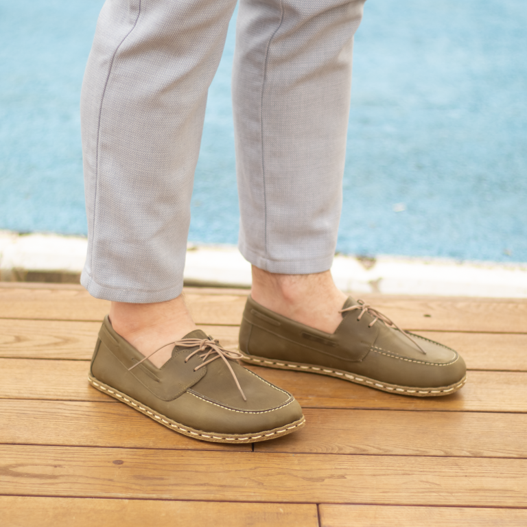 El Yapımı Barefoot Yalınayak Erkek Deri Mellow Model, Zeytin Yeşili - Görsel 6