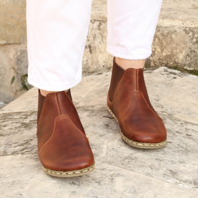 El Yapımı Barefoot Yalınayak Erkek Deri Parçalı Chealsa Bot, Crazy Kahve