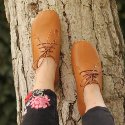 El Yapımı Barefoot Yalınayak Kadın Deri Bağcıklı Model, Hardal Rengi
