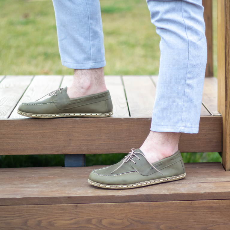 El Yapımı Barefoot Yalınayak Erkek Deri Mellow Model, Zeytin Yeşili - Görsel 4