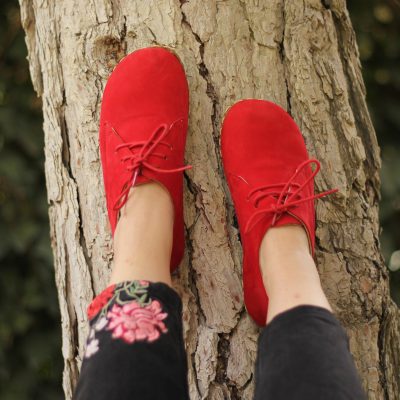 El Yapımı Barefoot Yalınayak Kadın Deri Bağcıklı Model, Kırmızı Nubuk