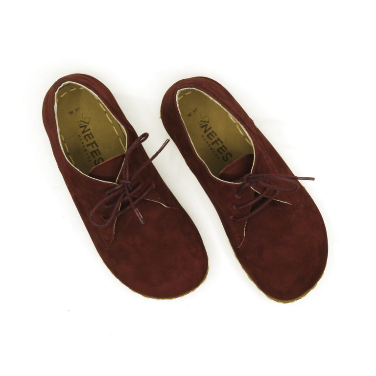 El Yapımı Barefoot Yalınayak Kadın Deri Bağcıklı Model, Bordo Nubuk - Görsel 6