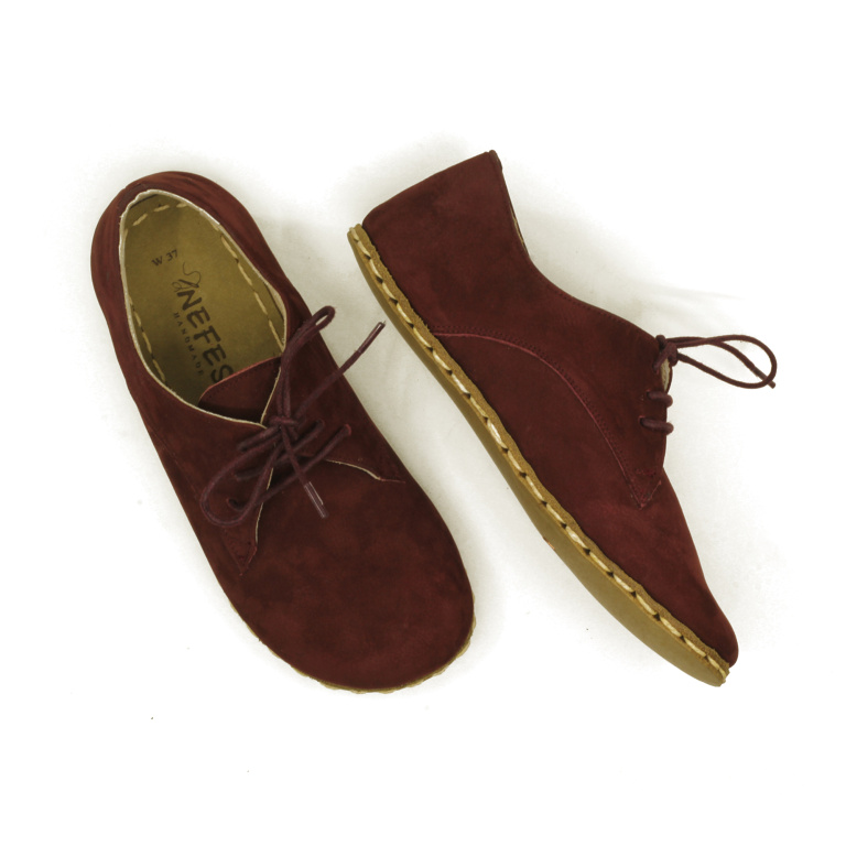 El Yapımı Barefoot Yalınayak Kadın Deri Bağcıklı Model, Bordo Nubuk - Görsel 4