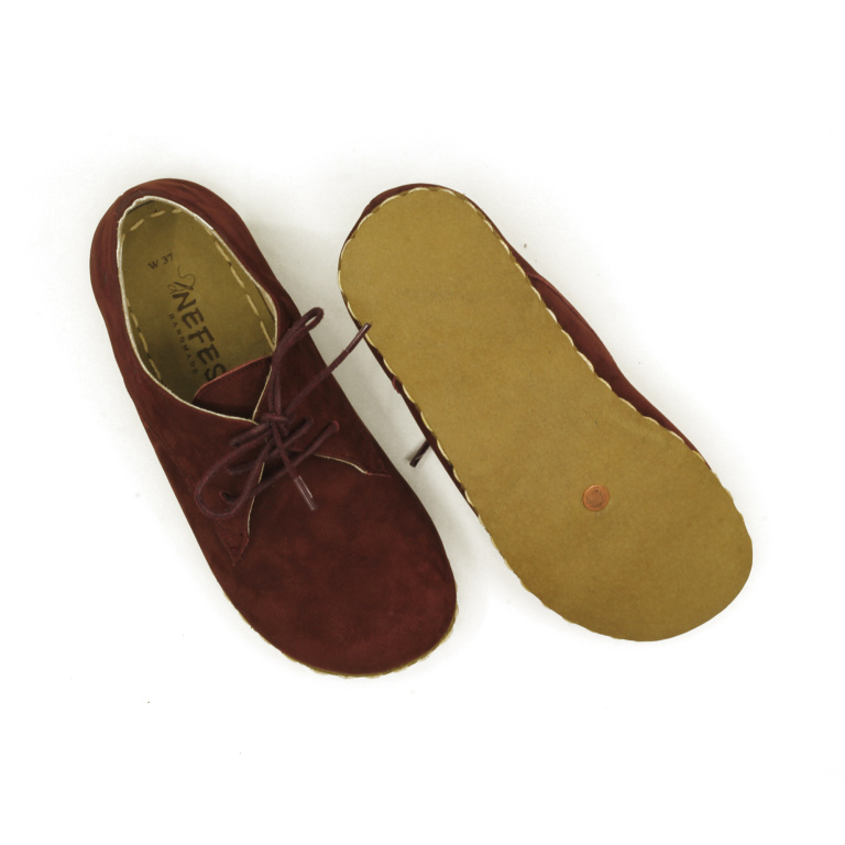 El Yapımı Barefoot Yalınayak Kadın Deri Bağcıklı Model, Bordo Nubuk - Görsel 3