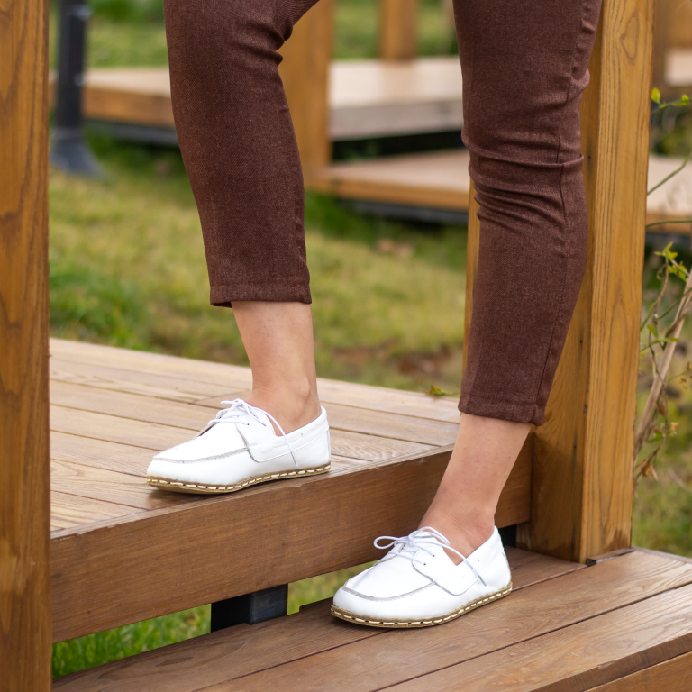 El Yapımı Barefoot Yalınayak Kadın Deri Mellow Model, Beyaz - Görsel 6