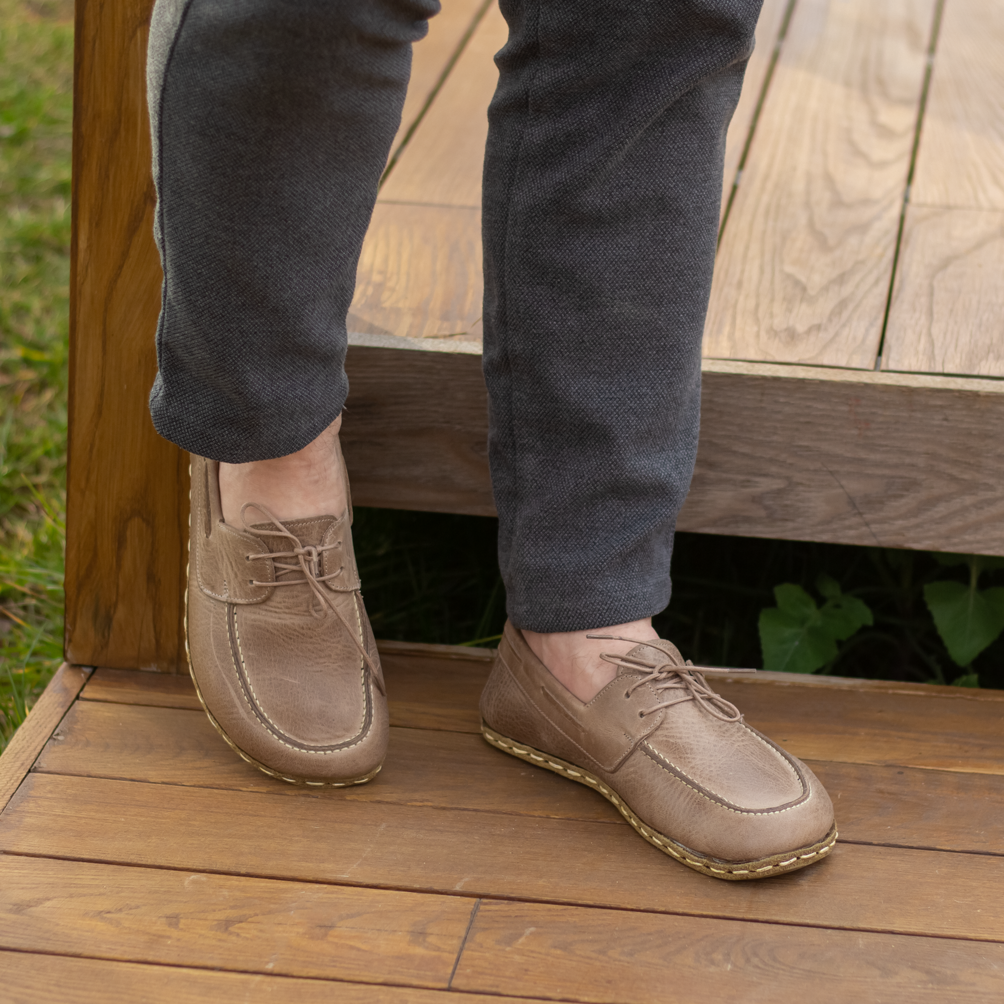 157 El Yapımı Barefoot Yalınayak Erkek Deri Mellow Model, Bej - Görsel 1