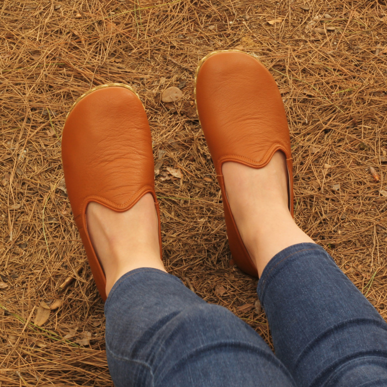 El Yapımı Barefoot Yalınayak Kadın Deri Klasik Model, Hardal Rengi - Görsel 3