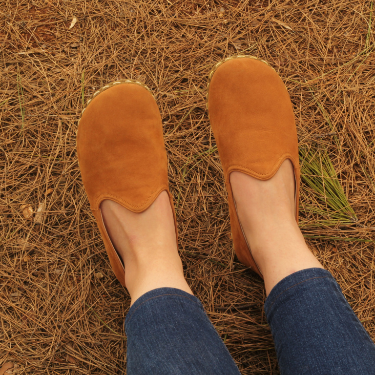 El Yapımı Barefoot Yalınayak Kadın Deri Klasik Model, Hardal Nubuk - Görsel 4