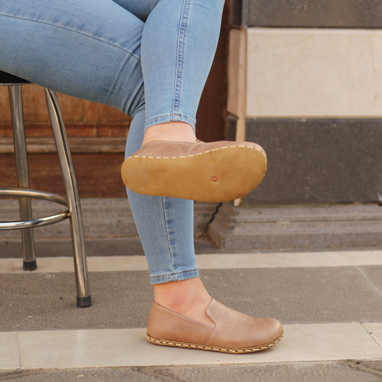 El Yapımı Barefoot Yalınayak Kadın Deri Taylan Model, Bej - Görsel 3