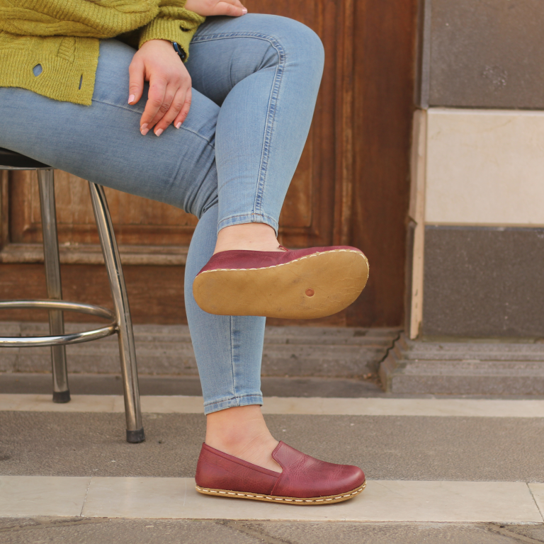 El Yapımı Barefoot Yalınayak Kadın Deri Taylan Model, Crazy Bordo - Görsel 3