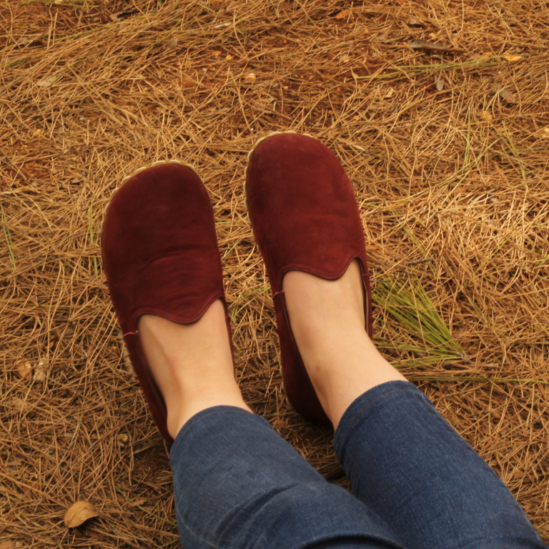 El Yapımı Barefoot Yalınayak Kadın Deri Klasik Model, Bordo Nubuk - Görsel 3