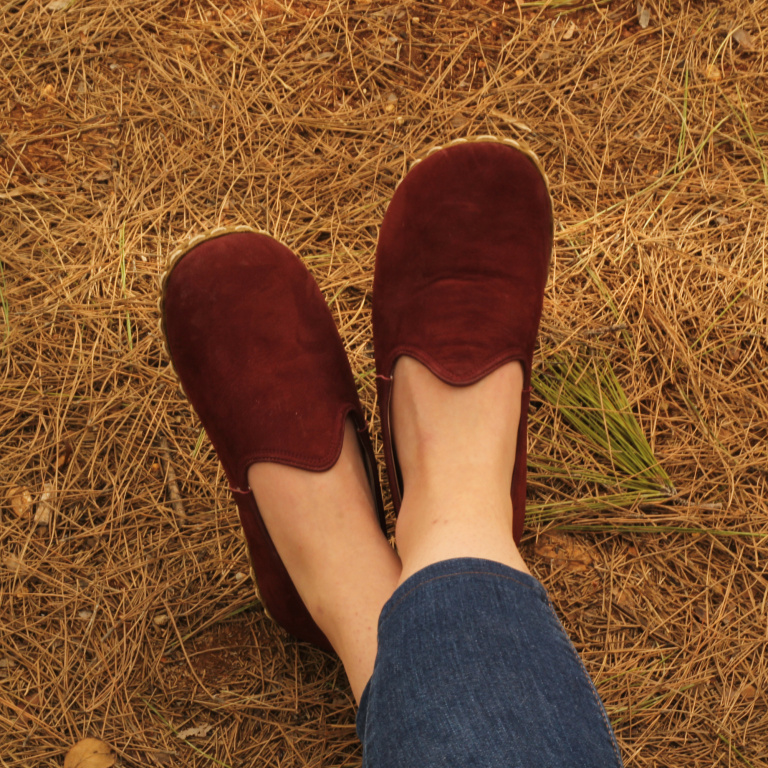 El Yapımı Barefoot Yalınayak Kadın Deri Klasik Model, Bordo Nubuk - Görsel 2