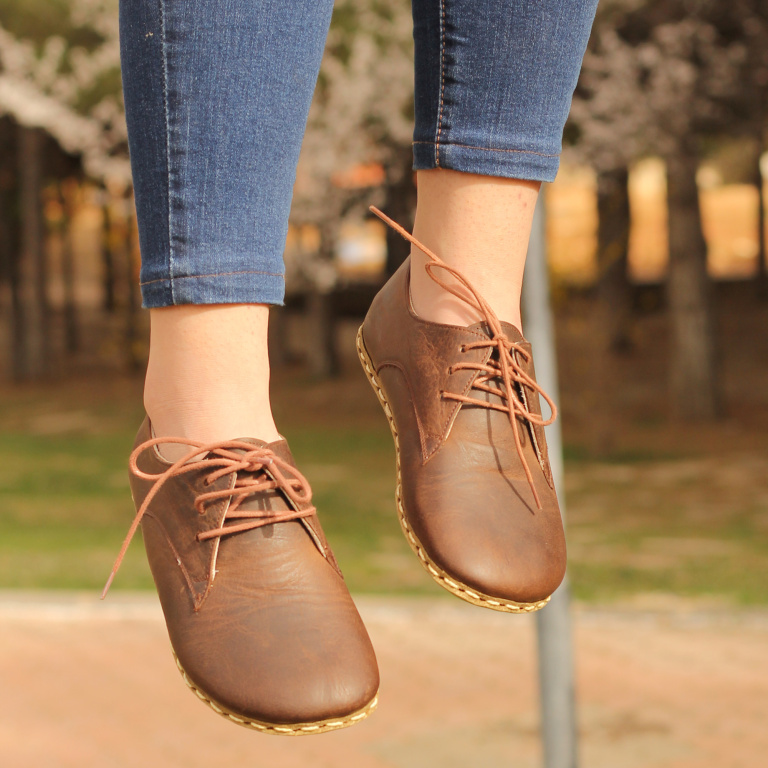 El Yapımı Barefoot Yalınayak Kadın Deri Bağcıklı Model, Klasik Kahverengi - Görsel 4