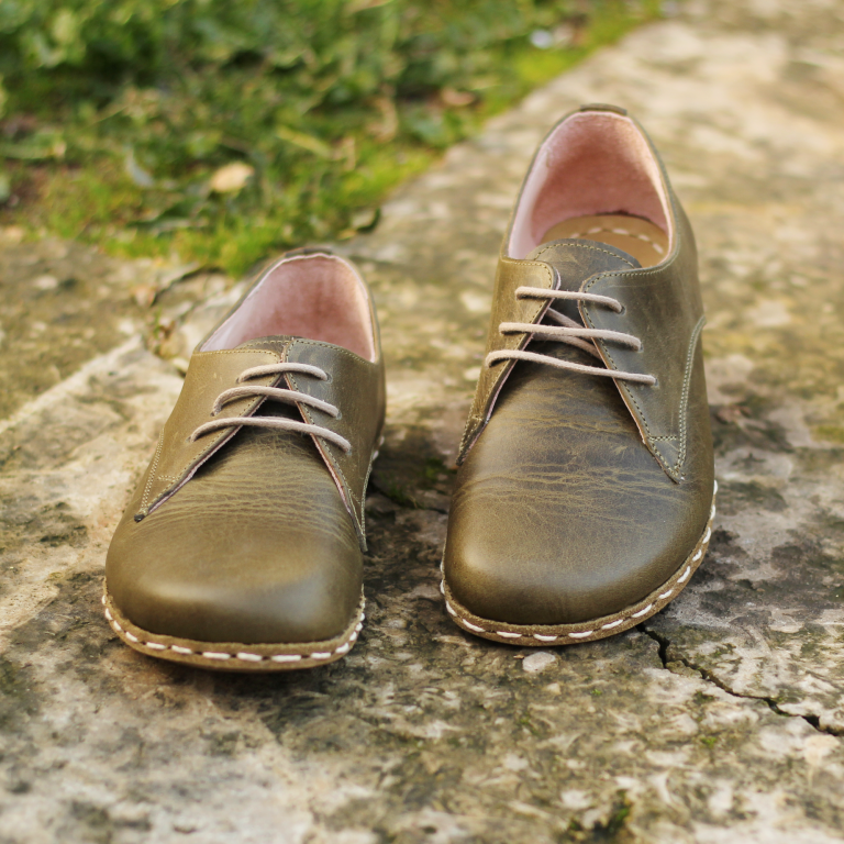 El Yapımı Barefoot Yalınayak Kadın Deri Bağcıklı Model, Zeytin Yeşili - Görsel 2