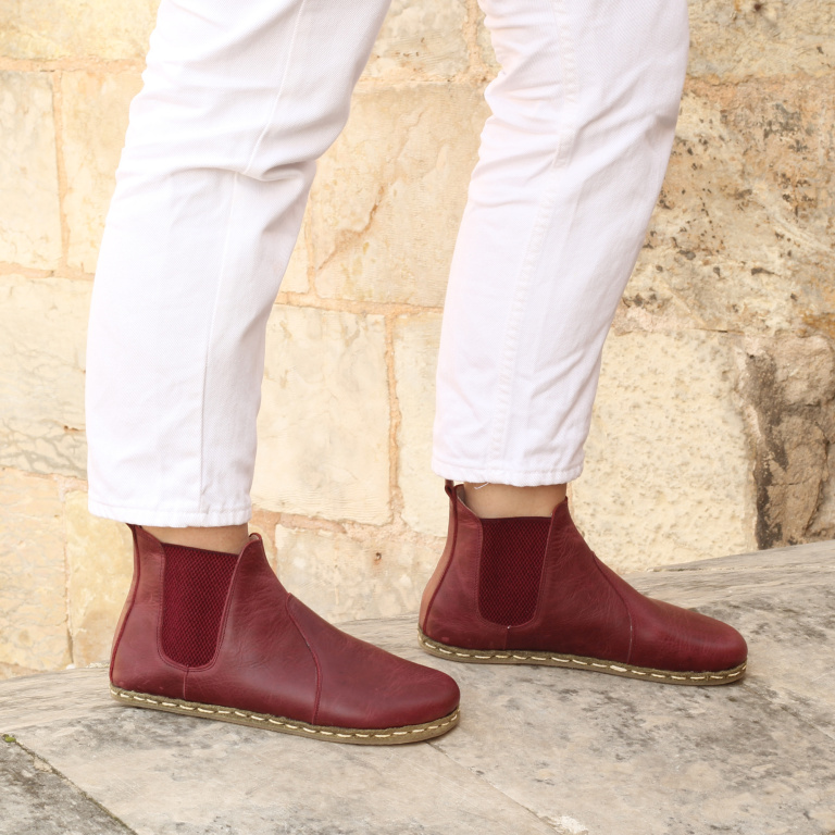 El Yapımı Barefoot Yalınayak Kadın Deri Chelsea Bot, Bordo - Görsel 9