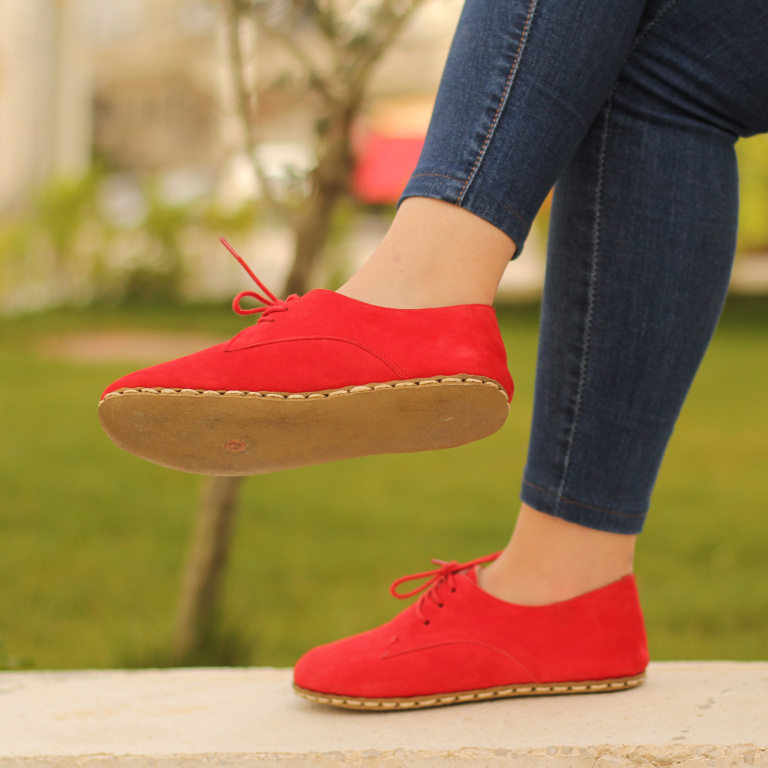 El Yapımı Barefoot Yalınayak Kadın Deri Bağcıklı Model, Kırmızı Nubuk - Görsel 2